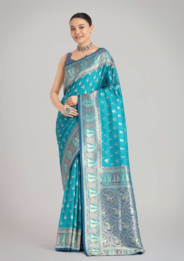 Turquoise Woven Silk Saree Set for Diwali and Festive Wear - Indya