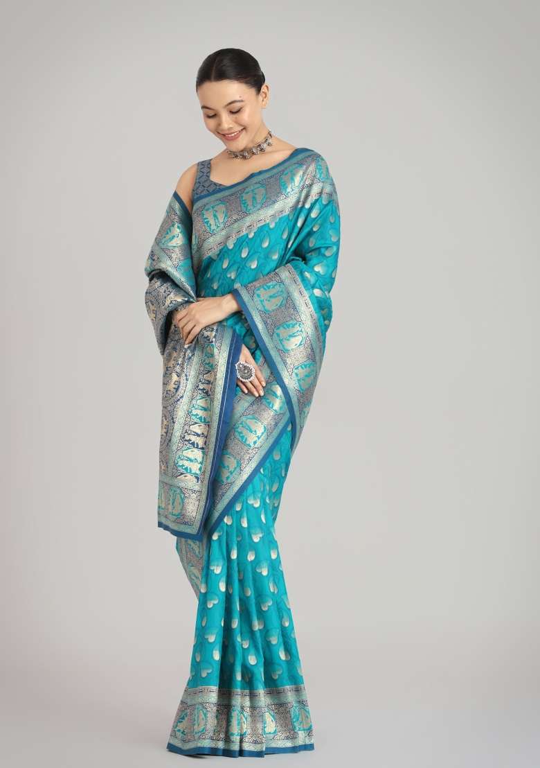 Turquoise Woven Silk Saree Set for Diwali and Festive Wear - Indya