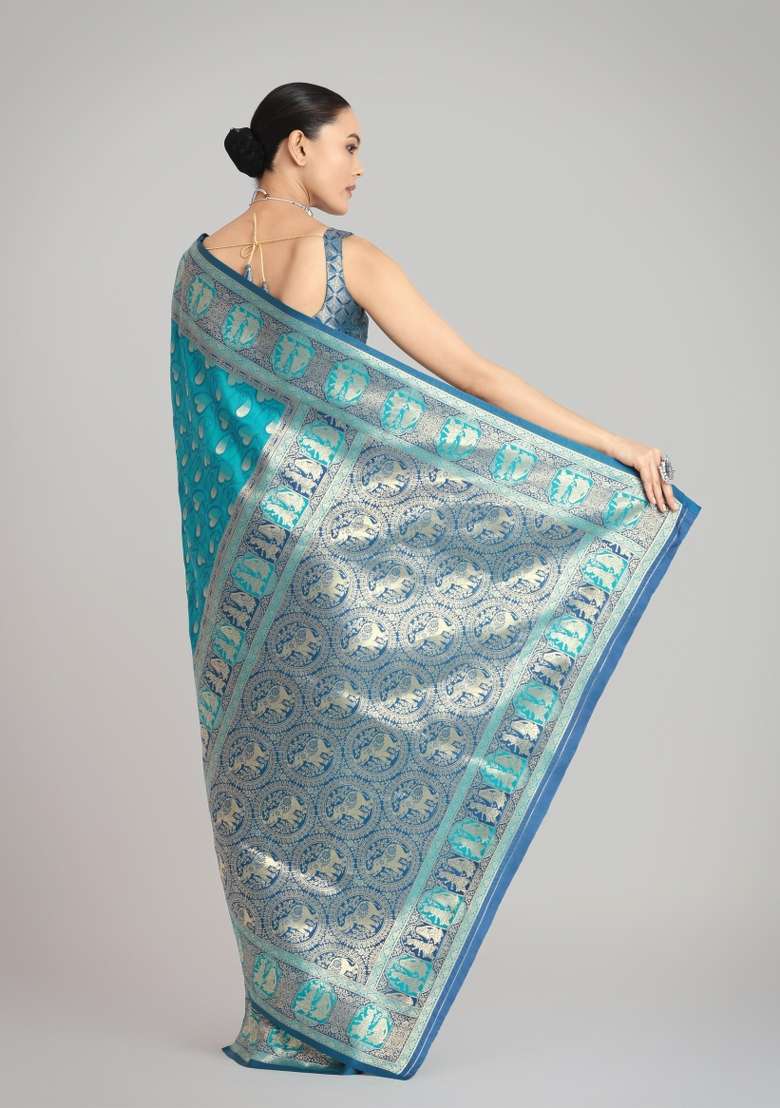 Turquoise Woven Silk Saree Set for Diwali and Festive Wear - Indya