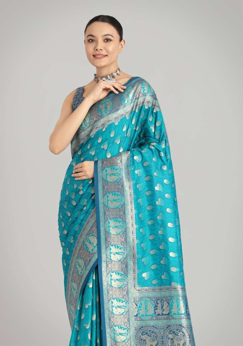 Turquoise Woven Silk Saree Set for Diwali and Festive Wear - Indya