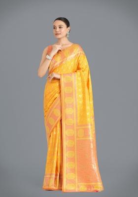 Yellow Woven Silk Saree Set