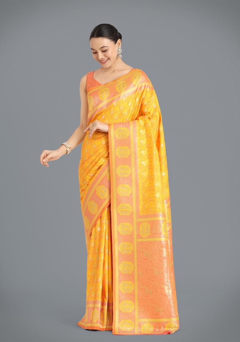 Yellow Woven Silk Saree Set - Indya