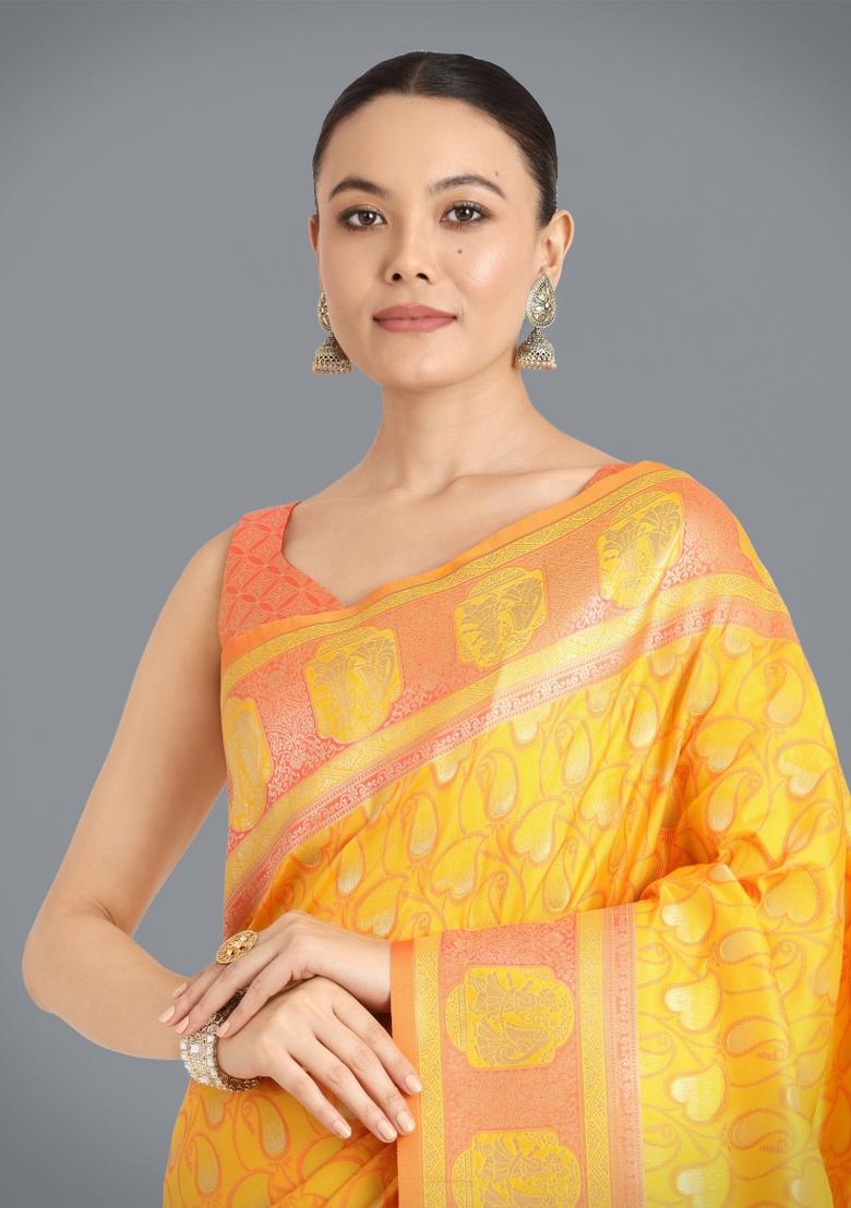 Yellow Woven Silk Saree Set - Indya