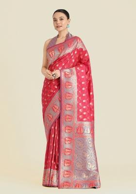 Pink Woven Silk Saree Set