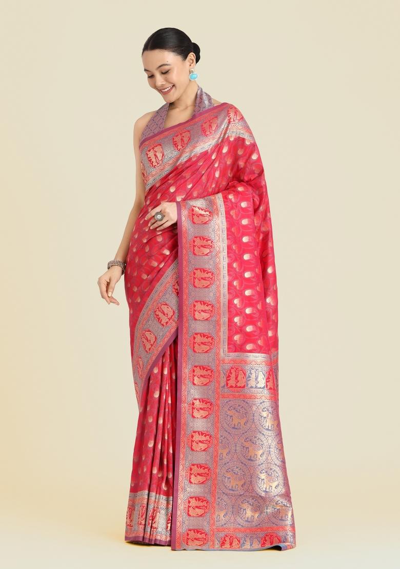 Pink Woven Silk Saree Set - Indya