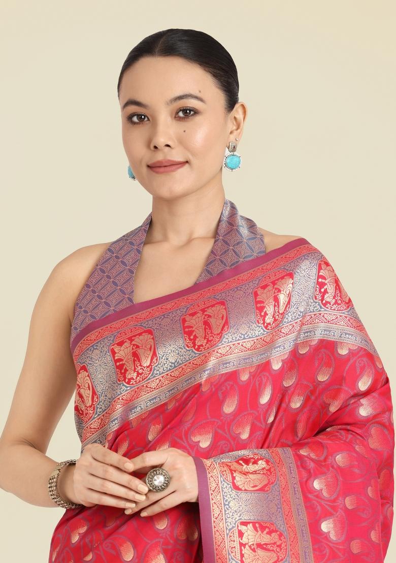 Pink Woven Silk Saree Set - Indya