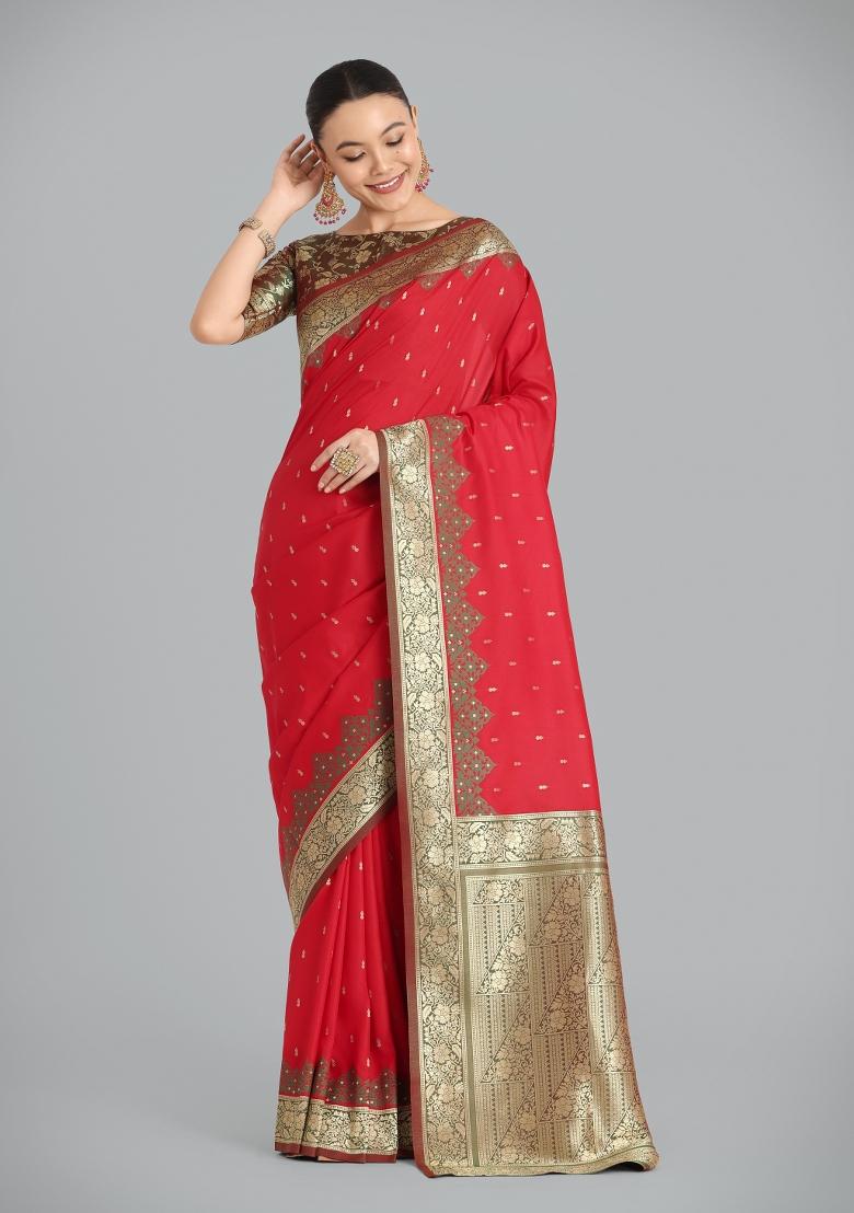 Red Woven Silk Saree Set - Indya
