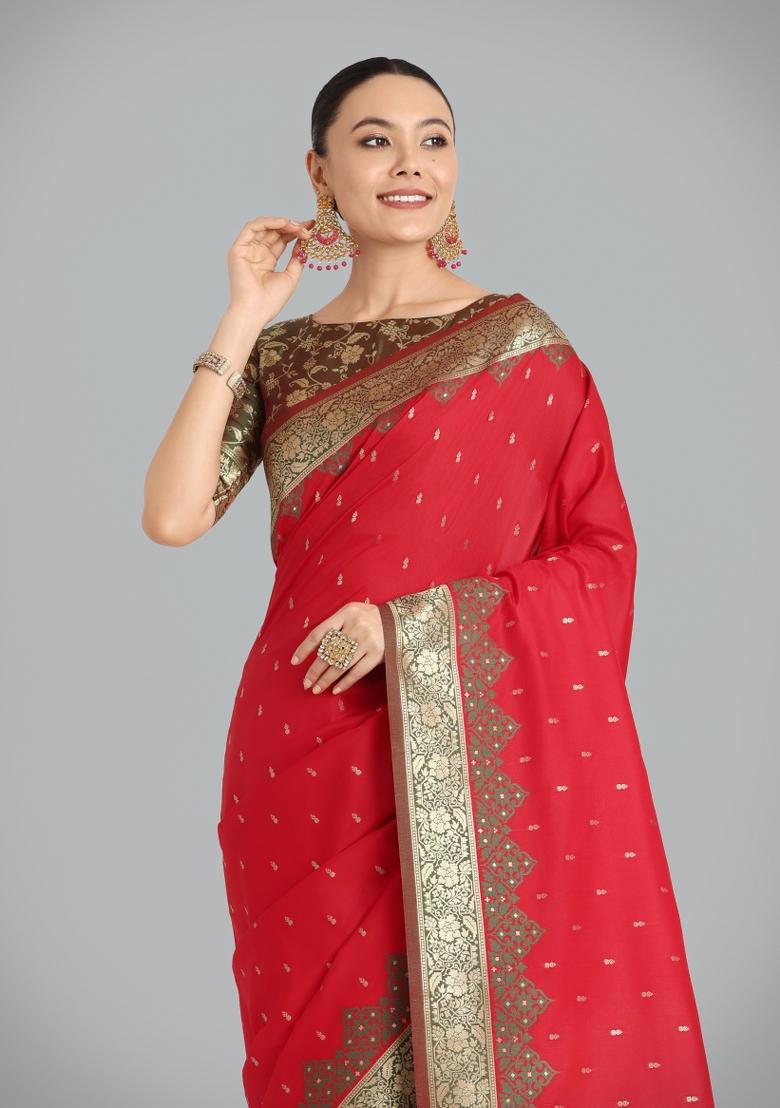 Red Woven Silk Saree Set - Indya