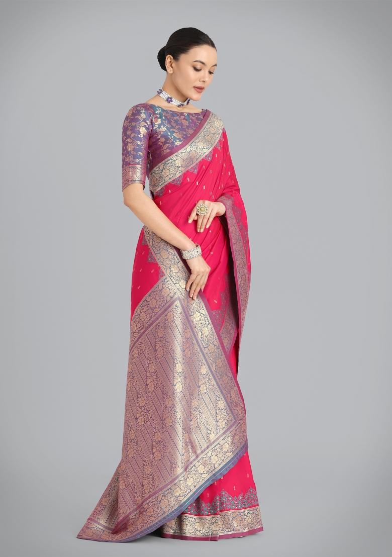 Pink Woven Silk Saree Set - Indya