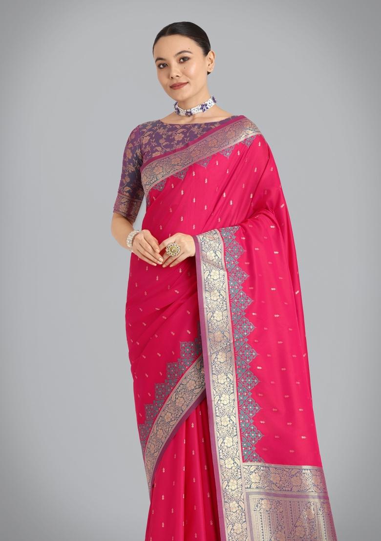 Pink Woven Silk Saree Set - Indya
