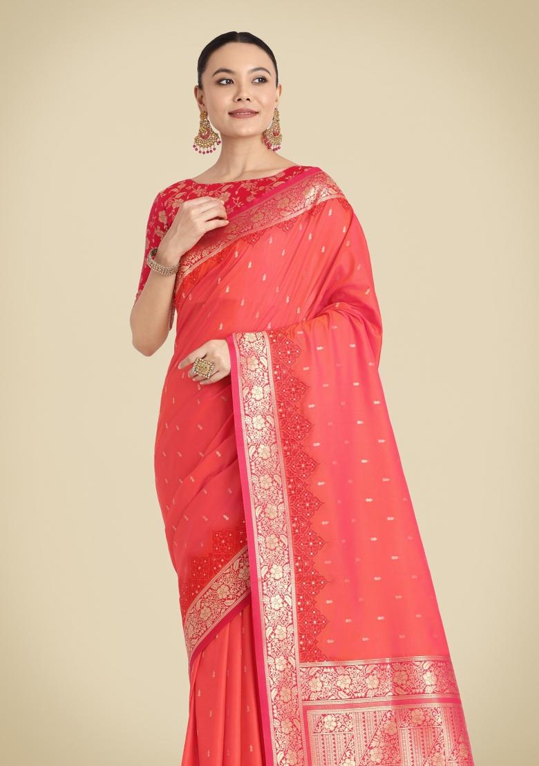 Orange Woven Silk Saree Set - Indya