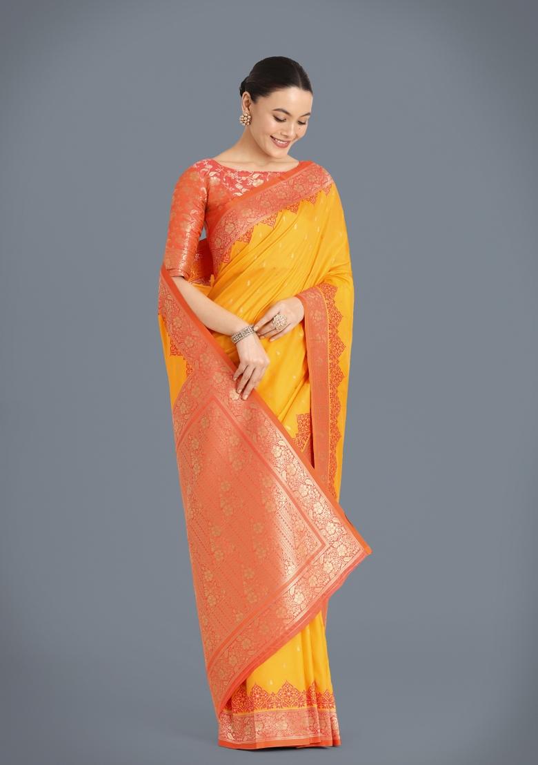 Yellow Woven Silk Saree Set - Indya