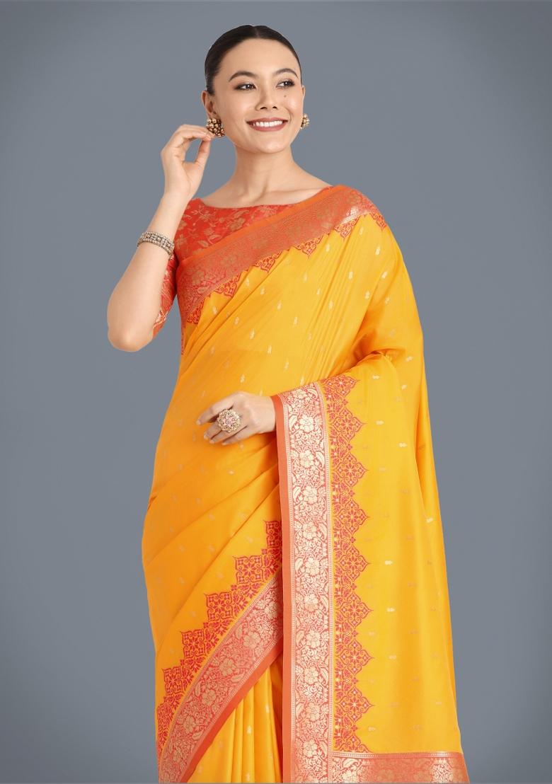 Yellow Woven Silk Saree Set - Indya