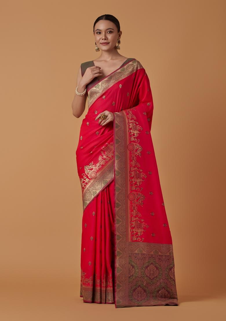 Pink Woven Silk Saree Set - Indya