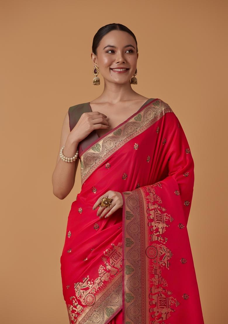 Pink Woven Silk Saree Set - Indya