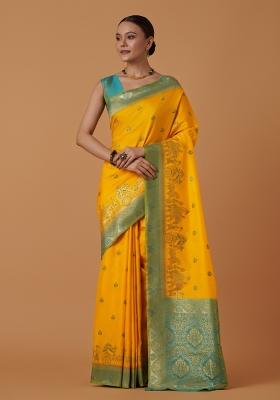Yellow Woven Silk Saree Set