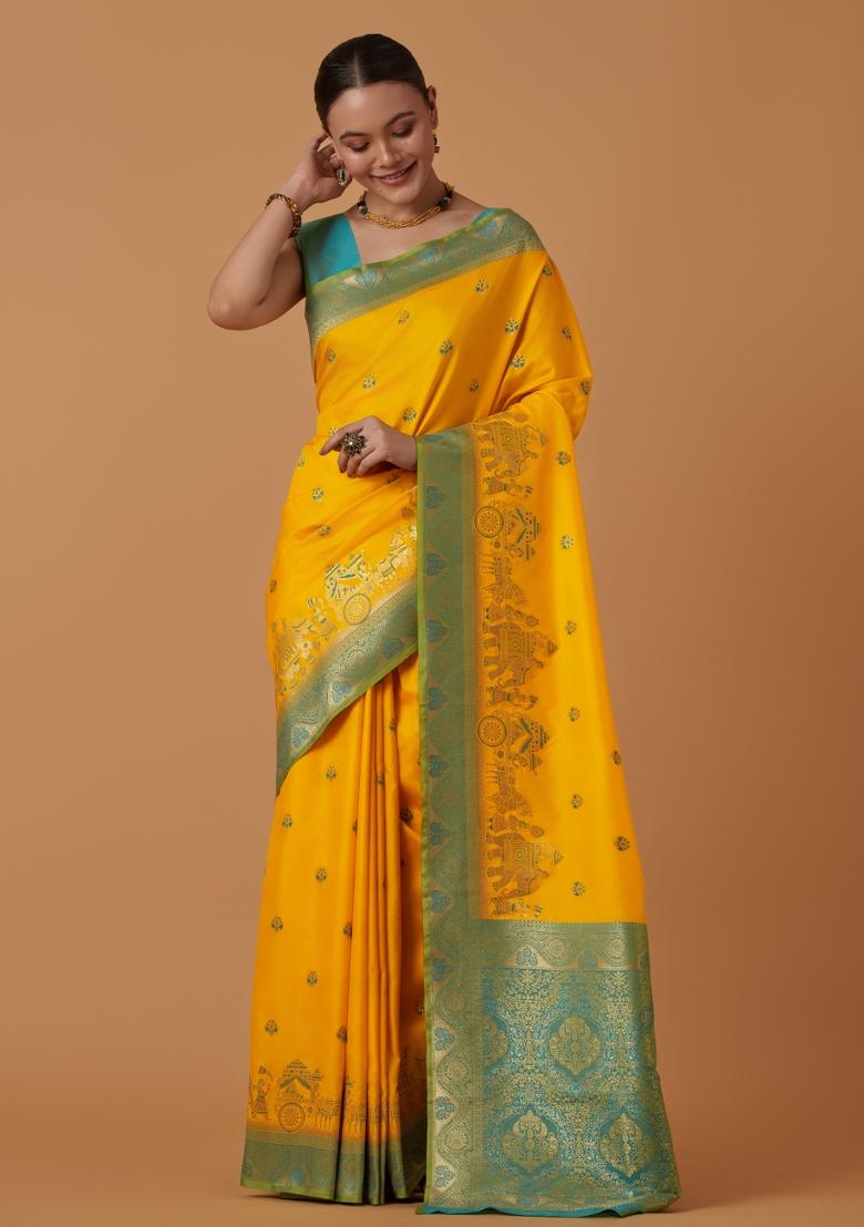 Yellow Woven Silk Saree Set - Indya