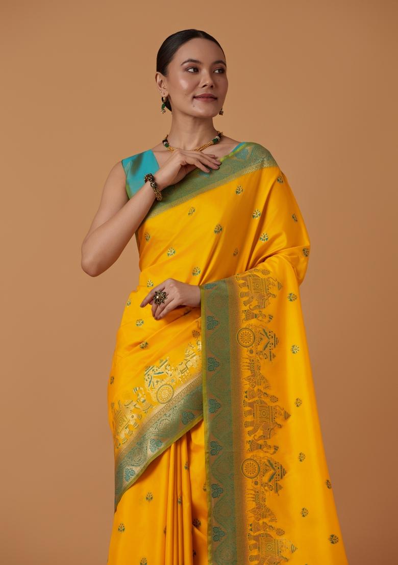Yellow Woven Silk Saree Set - Indya