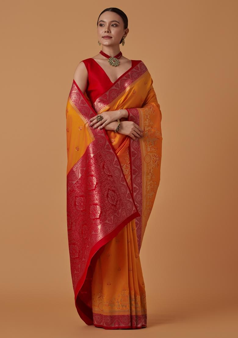 Orange Woven Silk Saree Set - Indya