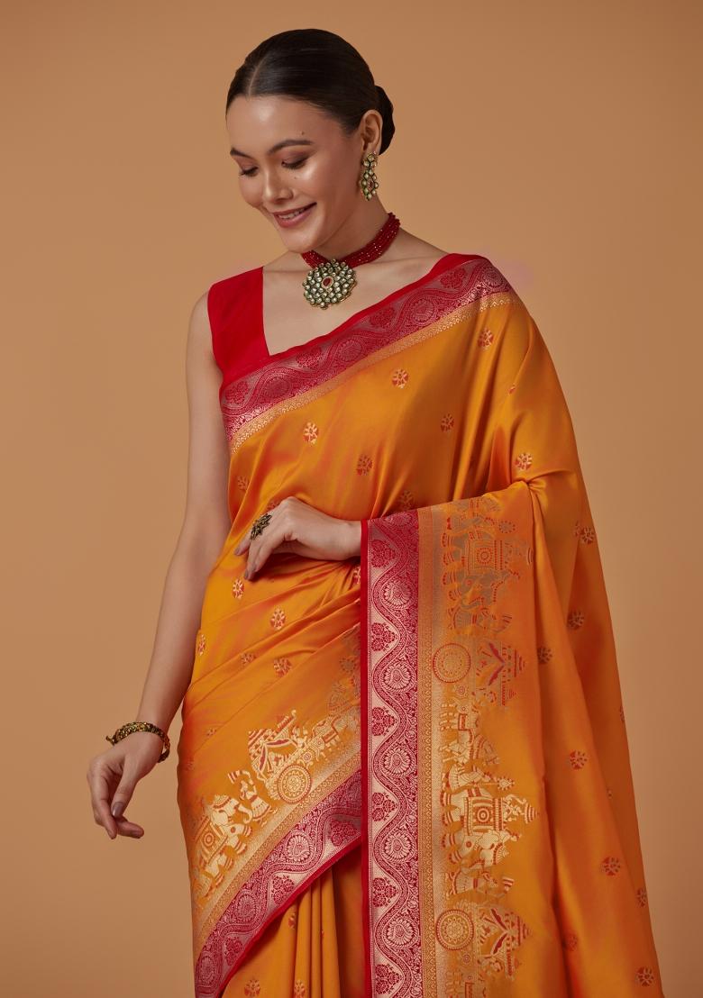 Orange Woven Silk Saree Set - Indya