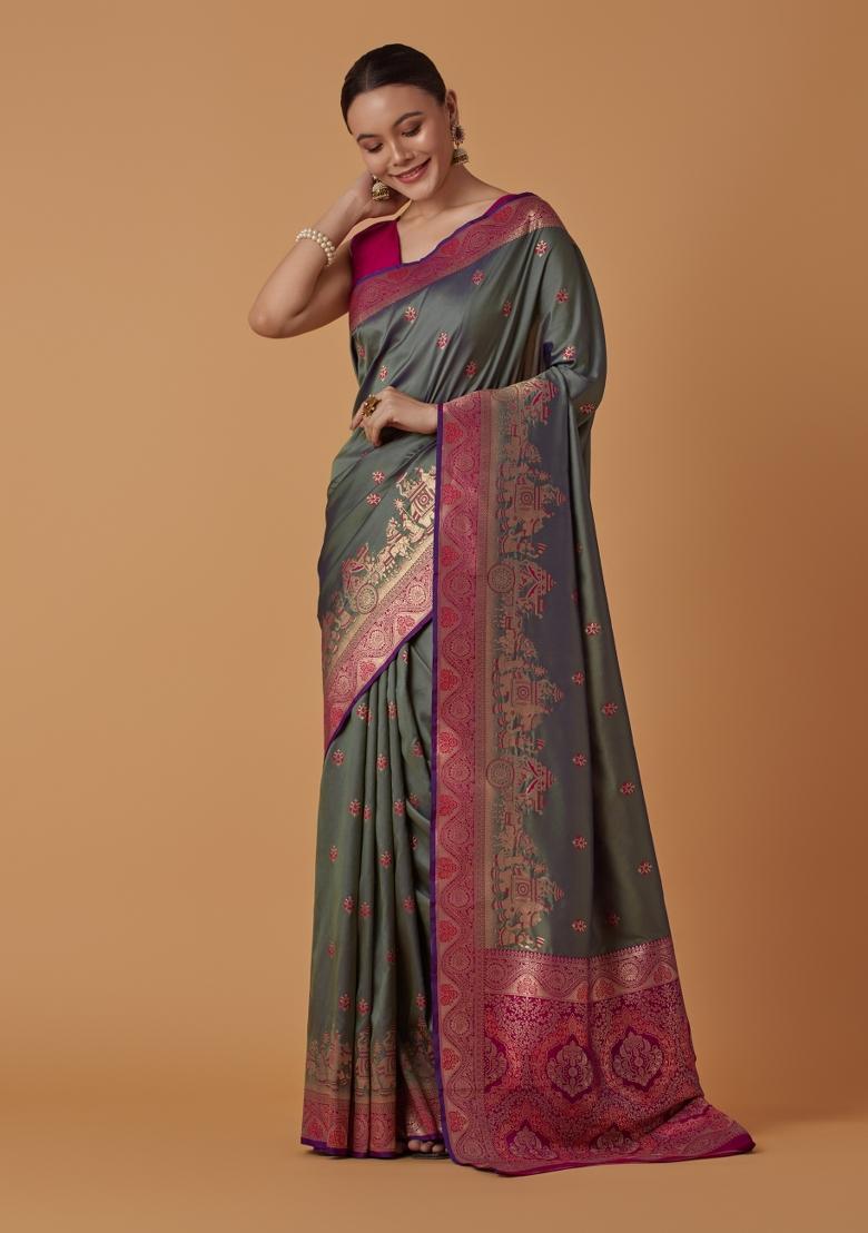 Sea Green Woven Silk Saree Set - Indya