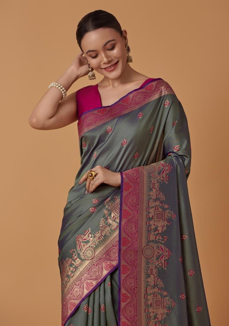 Sea Green Woven Silk Saree Set - Indya