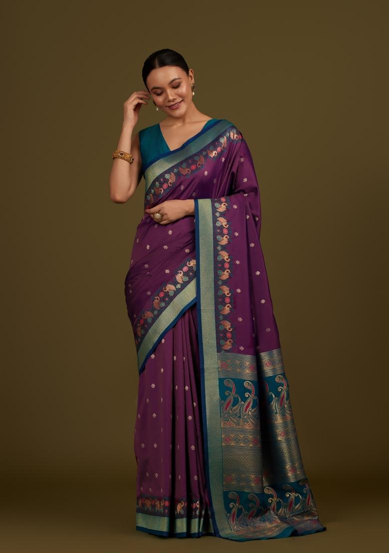 Wine Woven Silk Saree Set - Indya