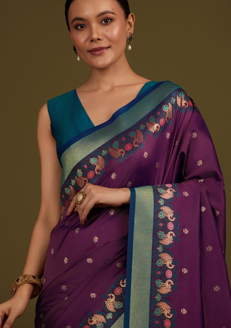 Wine Woven Silk Saree Set - Indya