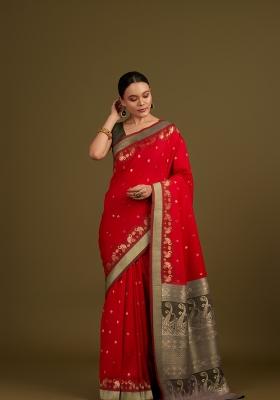Red Woven Silk Saree Set