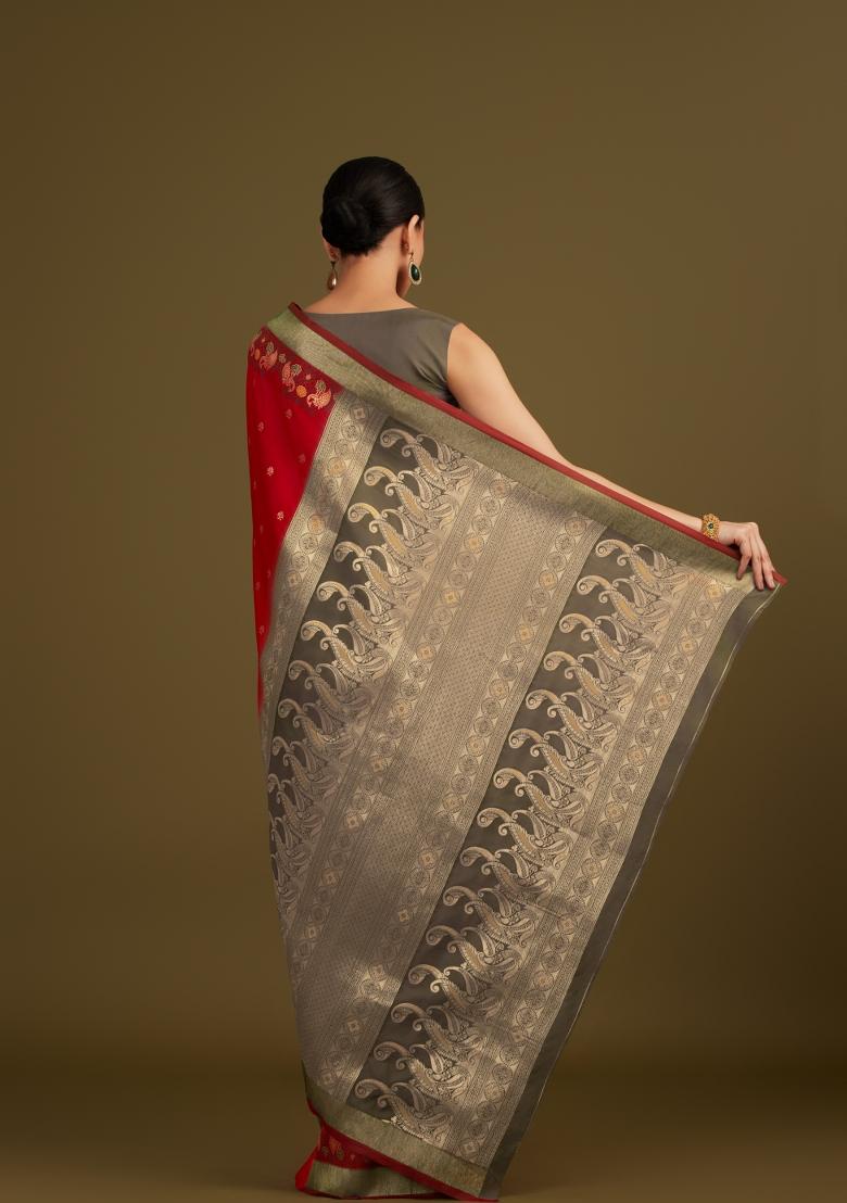 Red Woven Silk Saree Set - Indya