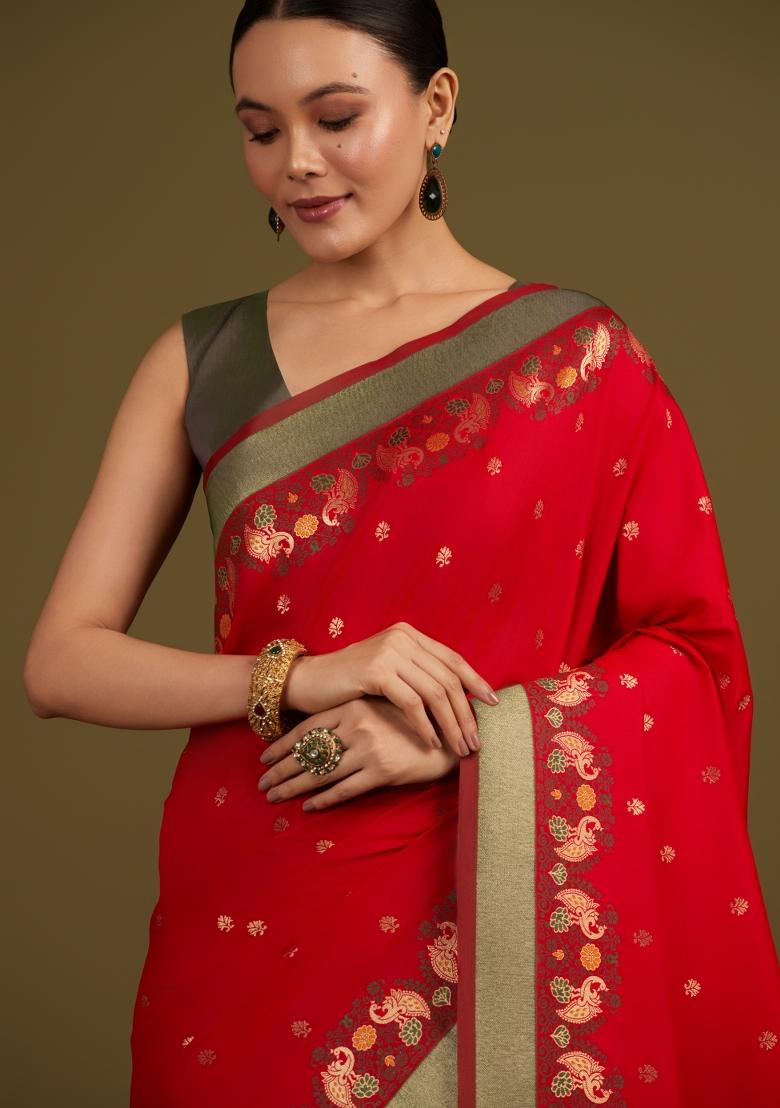 Red Woven Silk Saree Set - Indya