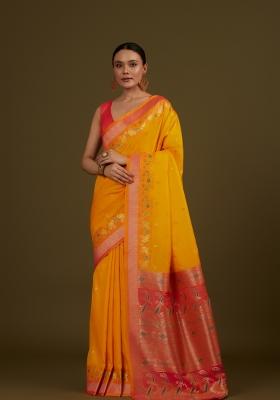 Yellow Woven Silk Saree Set