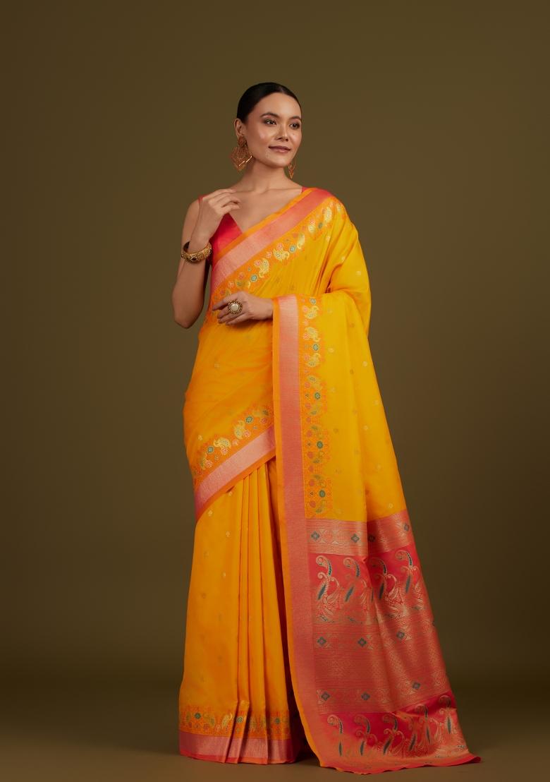 Yellow Woven Silk Saree Set - Indya