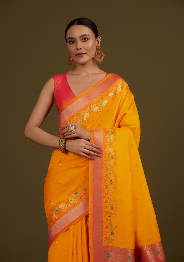Yellow Woven Silk Saree Set - Indya