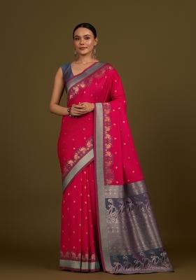 Pink Woven Silk Saree Set