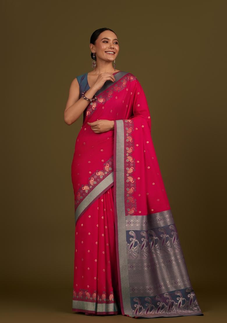 Pink Woven Silk Saree Set - Indya