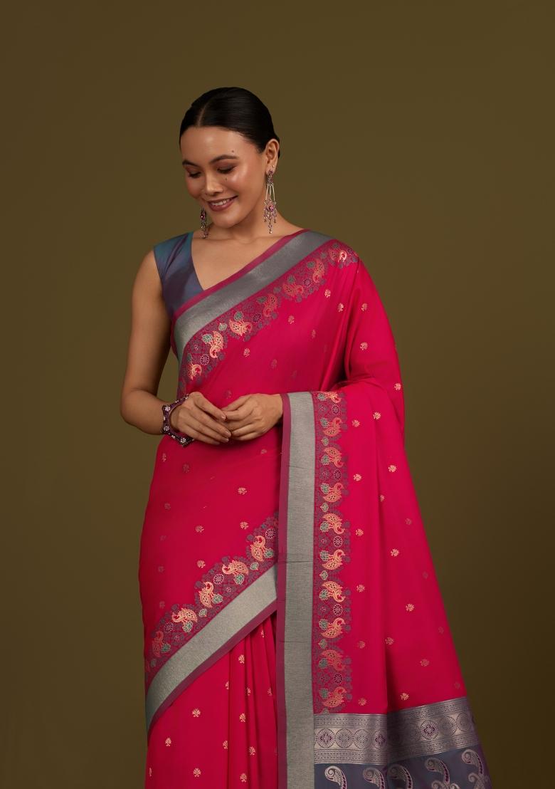 Pink Woven Silk Saree Set - Indya