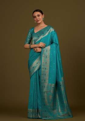 Turquoise Woven Silk Saree Set