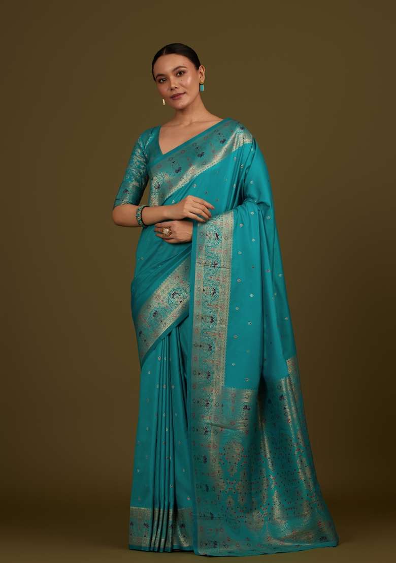 Turquoise Woven Silk Saree Set for Diwali and Festive Wear - Indya