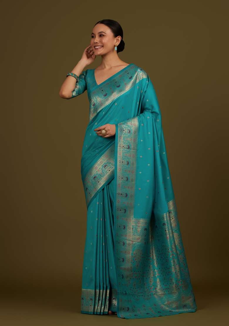 Turquoise Woven Silk Saree Set for Diwali and Festive Wear - Indya