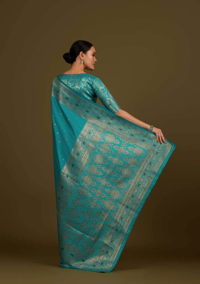 Turquoise Woven Silk Saree Set for Diwali and Festive Wear - Indya