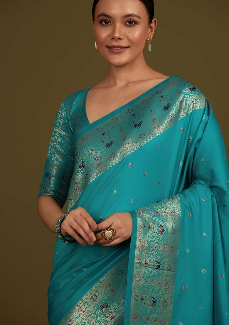 Turquoise Woven Silk Saree Set for Diwali and Festive Wear - Indya