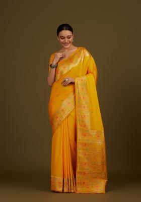 Yellow Woven Silk Saree Set