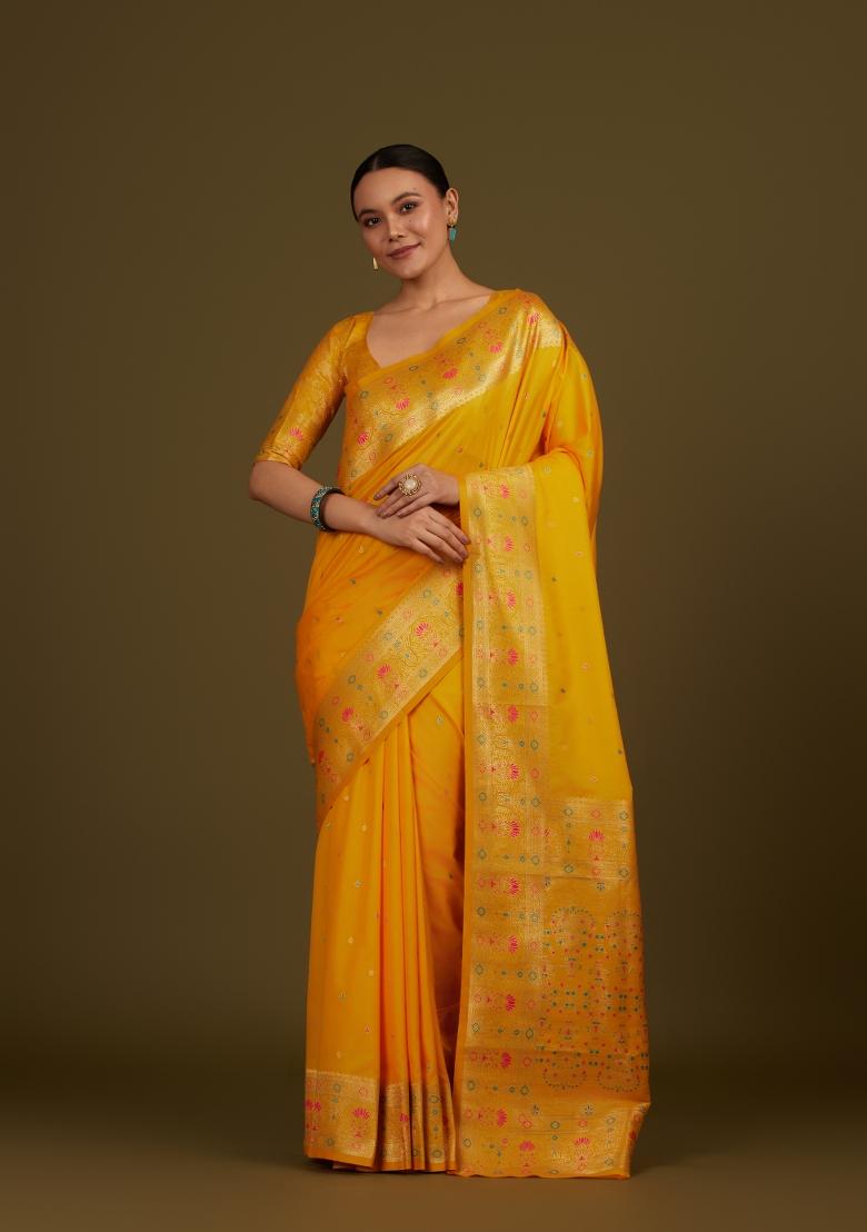 Yellow Woven Silk Saree Set - Indya