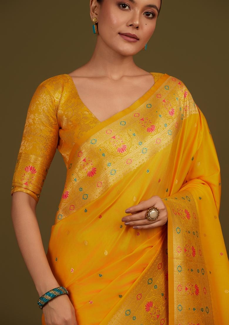 Yellow Woven Silk Saree Set - Indya