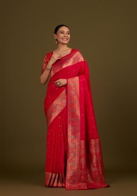 Pink Woven Silk Saree Set