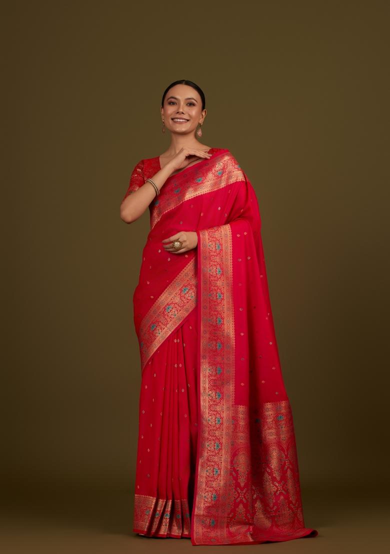Pink Woven Silk Saree Set - Indya