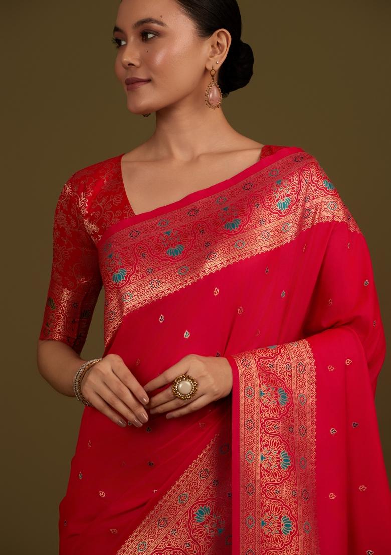 Pink Woven Silk Saree Set - Indya