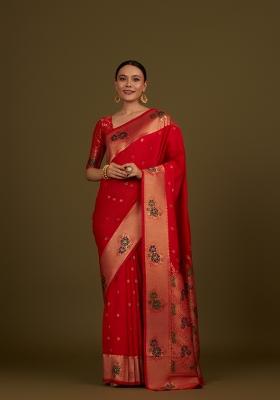 Red Woven Silk Saree Set