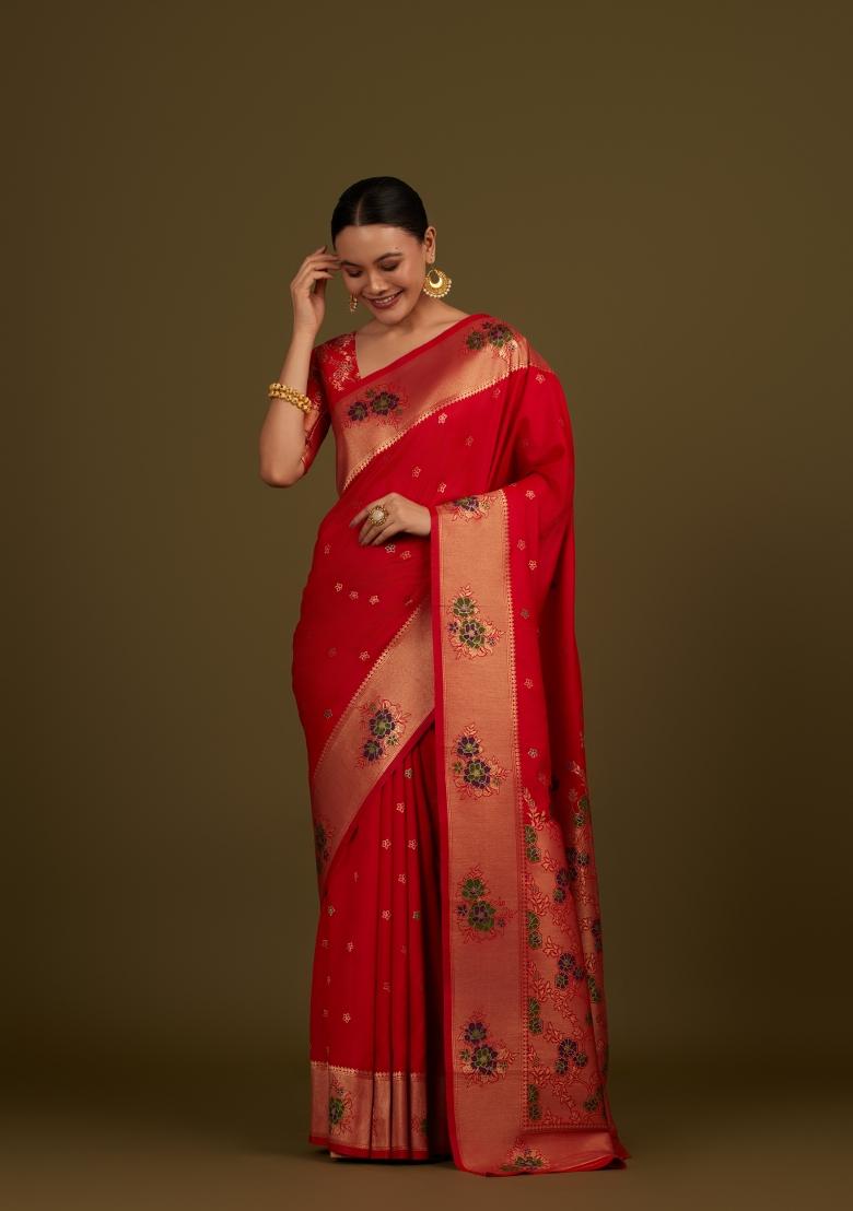 Red Woven Silk Saree Set - Indya
